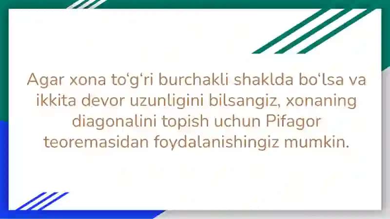 Uyni ta'mirlash va dizayn loyixasini tayyorlashda pifagor teoremasi. 2