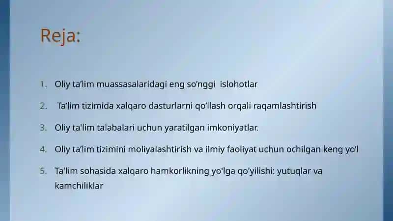 oliy talim tizimidagi islohotlar 2