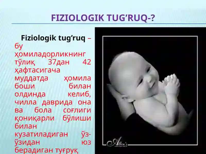 Fiziologik tug’ruq. Tug’ruqni boshlanishi sabablari va uni boshqarilishi. Tug’ruq davrlari klinikasi va biomexanizmi. Normal tug’ruqni olib borish va tug’dirish. Homila chanog’i bilan kelganida tug’ruq. 2