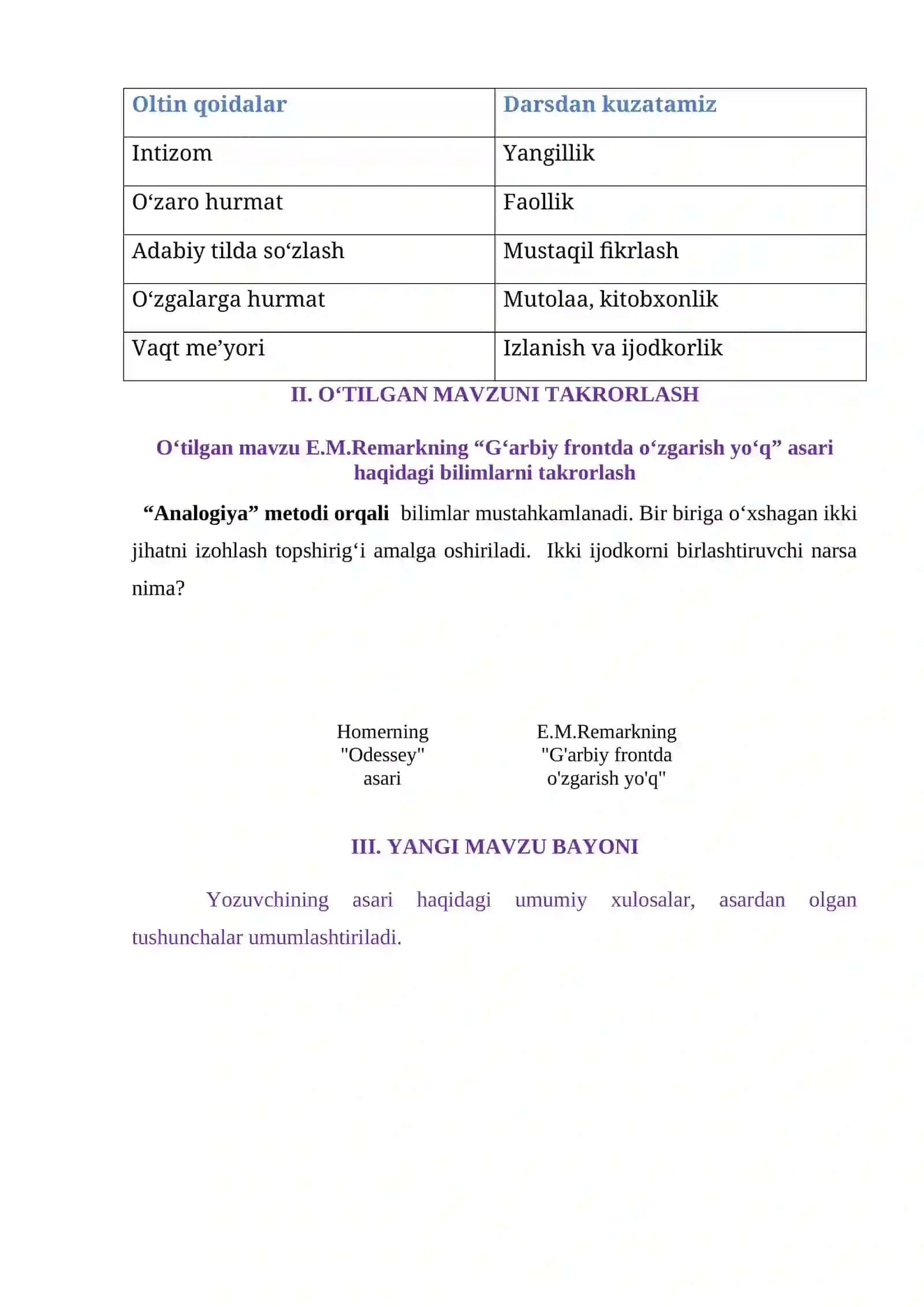 : 10-sinf
MAVZU: E. M. REMARK. “G‘arbiy frontda o‘zgarish yo‘q” asari. 2