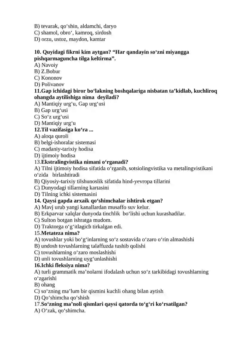 Tilshunoslik fanidan test savollari 2