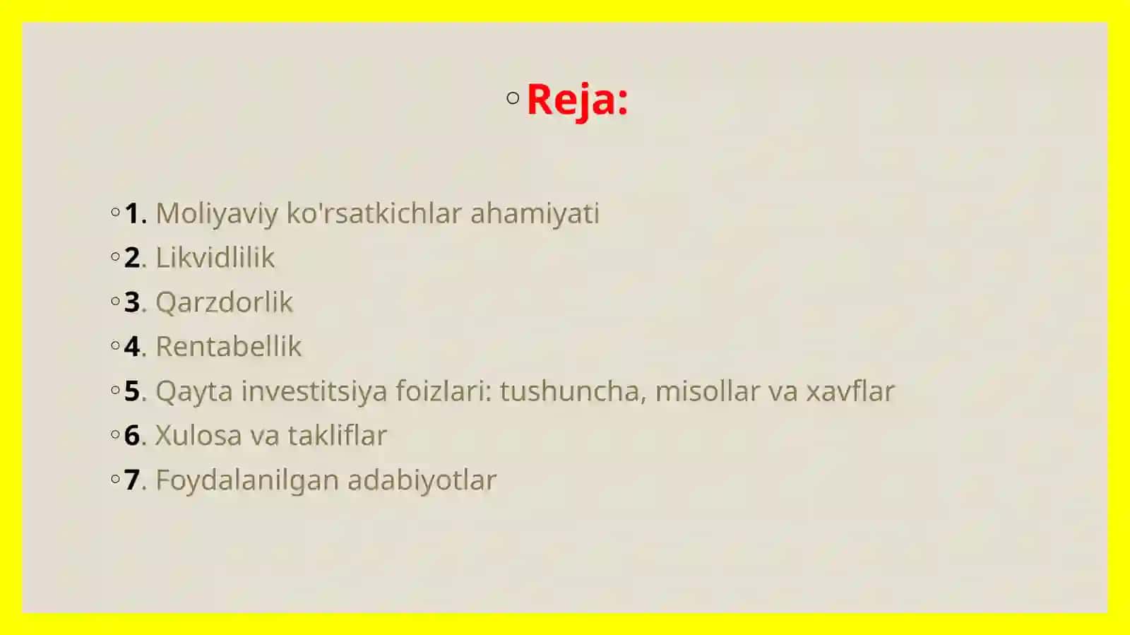 Moliyaviy barqarorlik. Moliyaviy ko’rsatkichlar 2