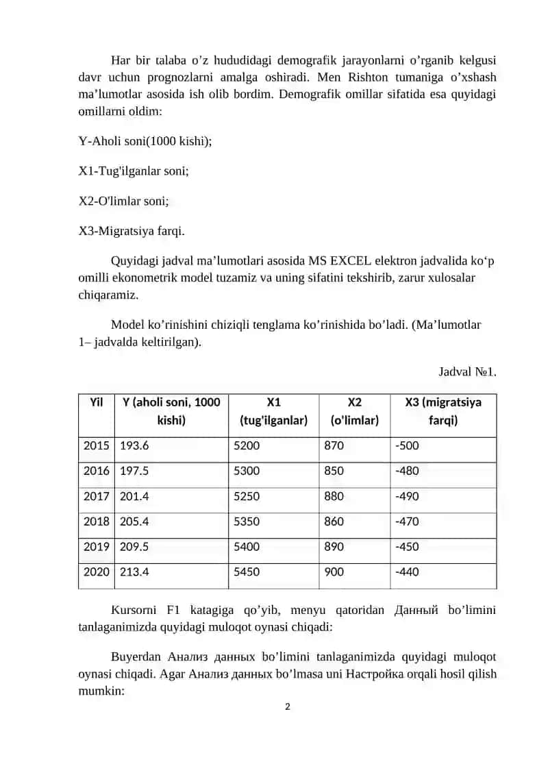 Rishton tumani boʻyicha" Demografik jarayonlarni prognozlashtirish" 2