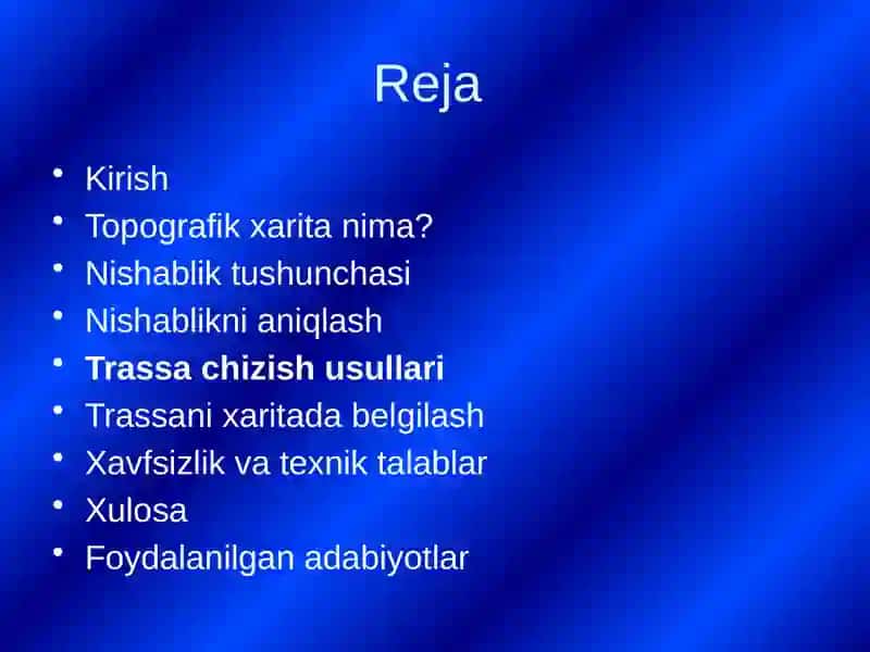 Topografik xarita da berilgan Nishablikda trassa chiziqlik 2