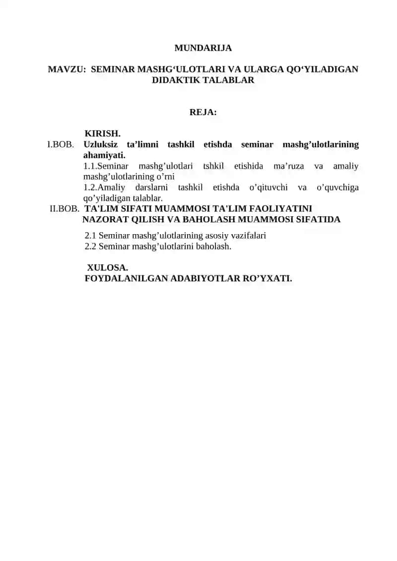 "TA’LIM MENEJMENTI O’QITISH METODIKASI" seminar mashg'ulotlari 2