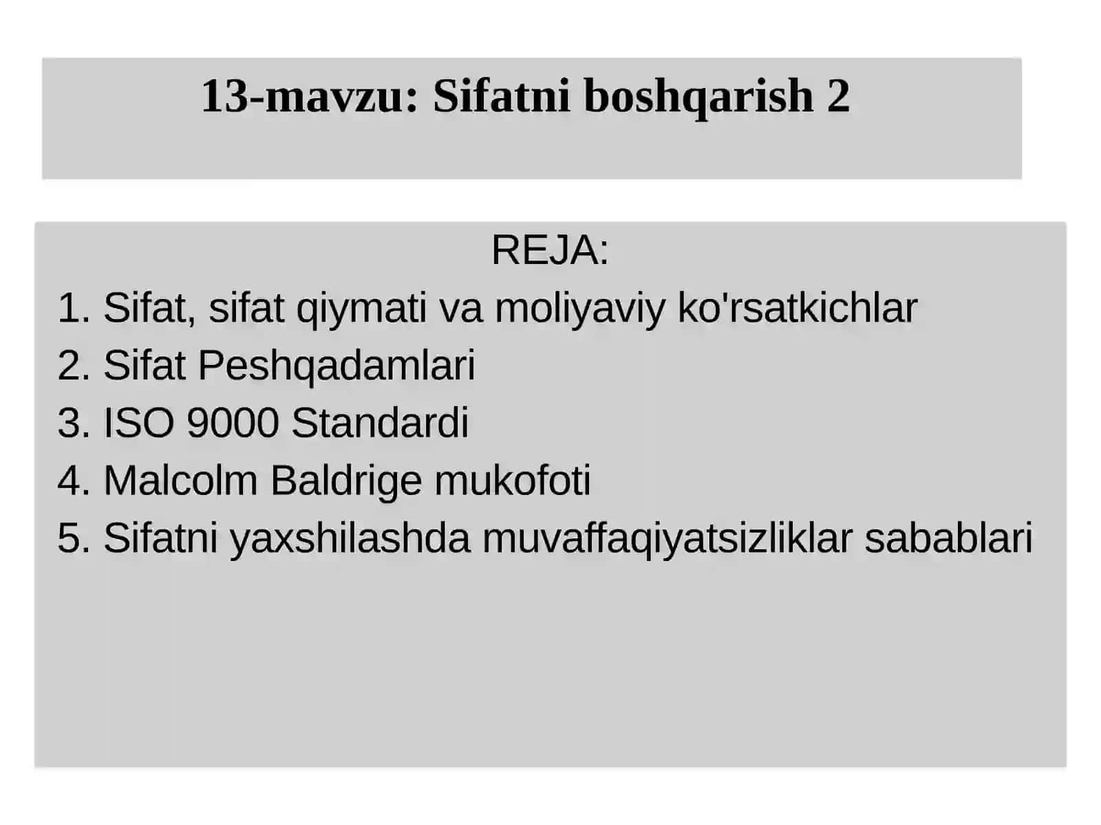 Operatsion Menejment 13-mavzu: Sifatni boshqarish 2 2