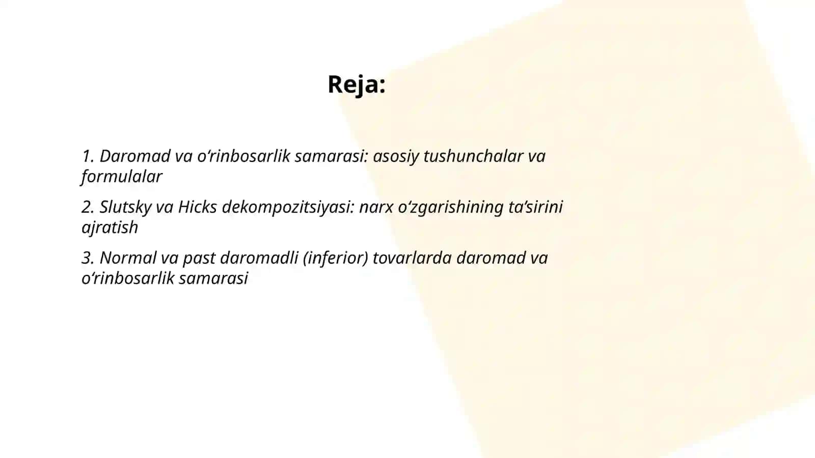 Daromad va o‘rinbosarlik samarasi 2