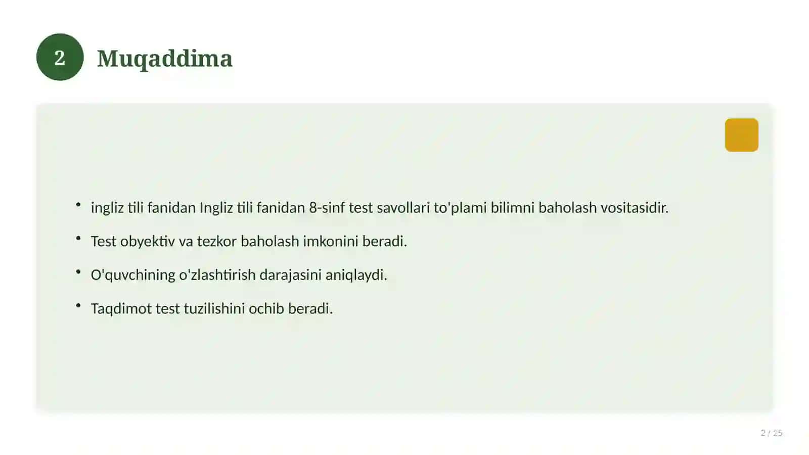 Ingliz tili fanidan 8-sinf test savollari to'plami 2