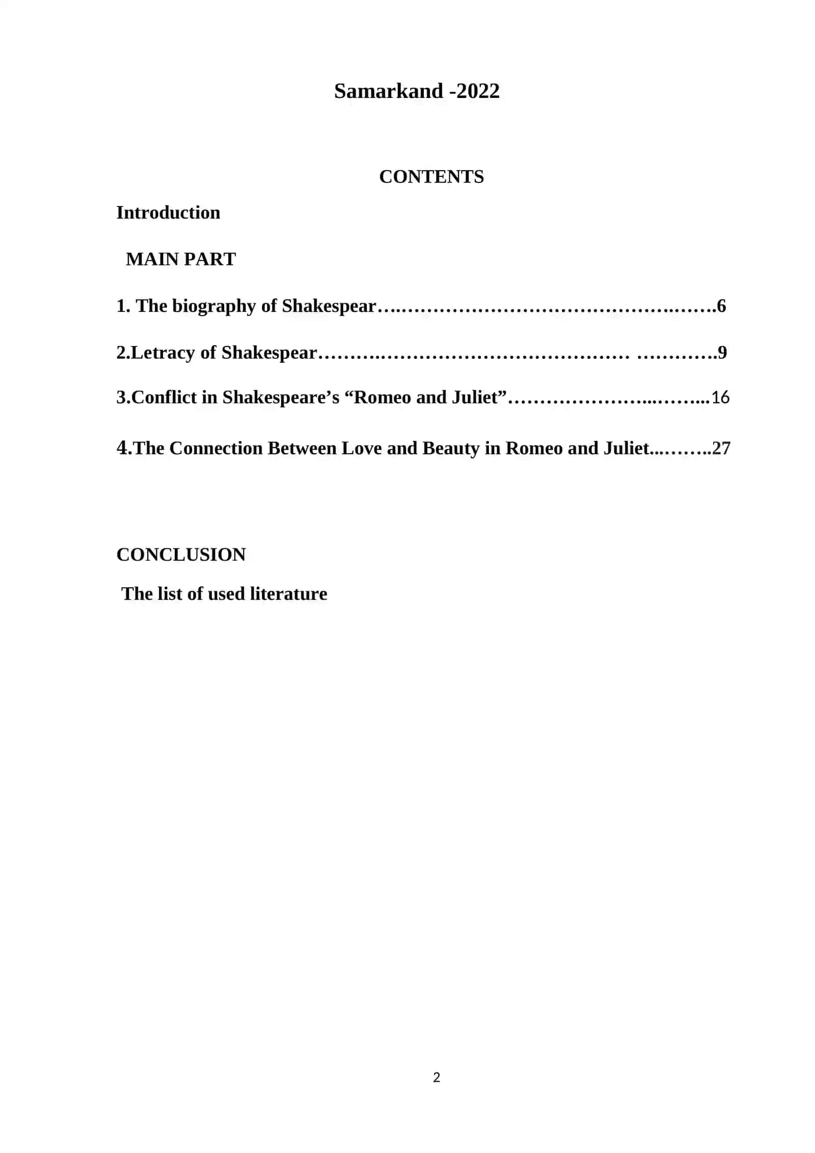 Course Paper on "Connection of love, conflict and family in W. Shakespeare`s tragedy “Romeo and Juliet” 2