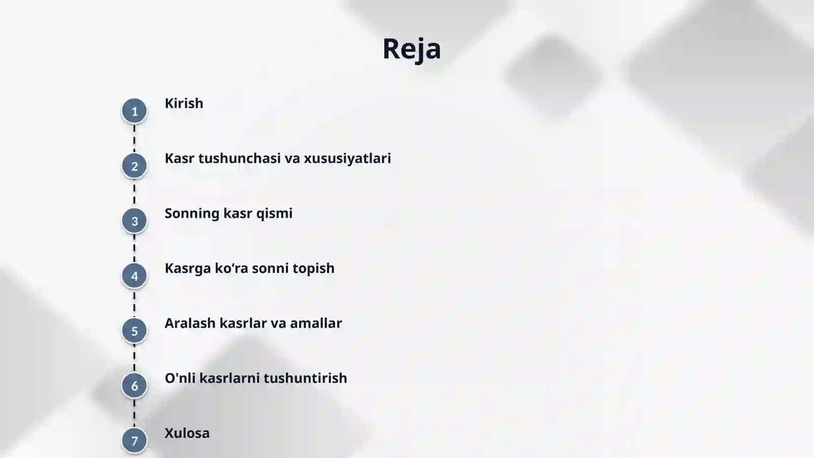 Ulush va kasr tushunchasi bilan tanishtirish metodikasi. Kasr. Sonning kasr qismi va kasrga koʻra sonni topishga doir masalalar yechish. Aralash kasrlar va ular ustida amallar bajarish. Oʻnli kasr. 2