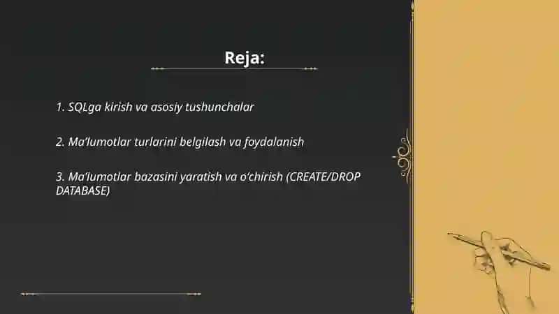 SQL- tartiblangan soʻrovlar tilining asosiy buyuruqlari 2