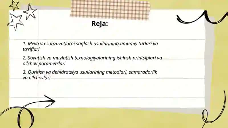 Meva va sabzavotlarni saqlash usullarini oʻrganish õlchamlari 2