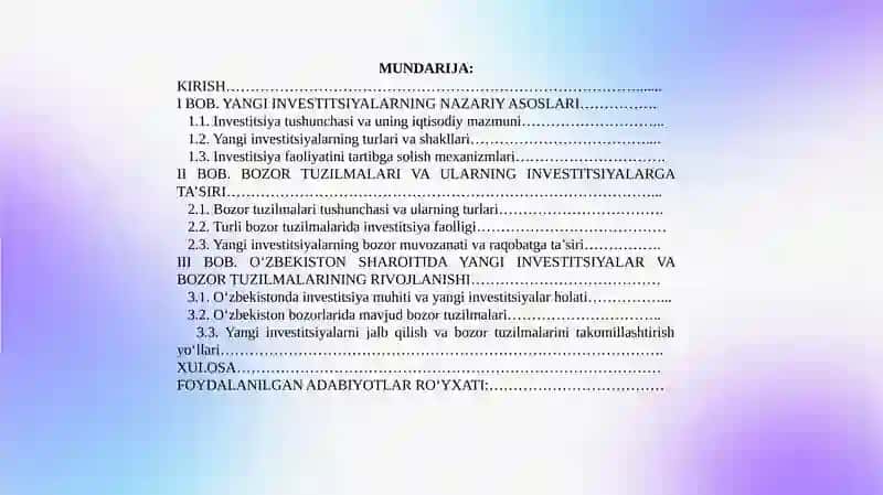 "YANGI INVESTITSIYALAR VA BOZORTUZILMALARI" 2