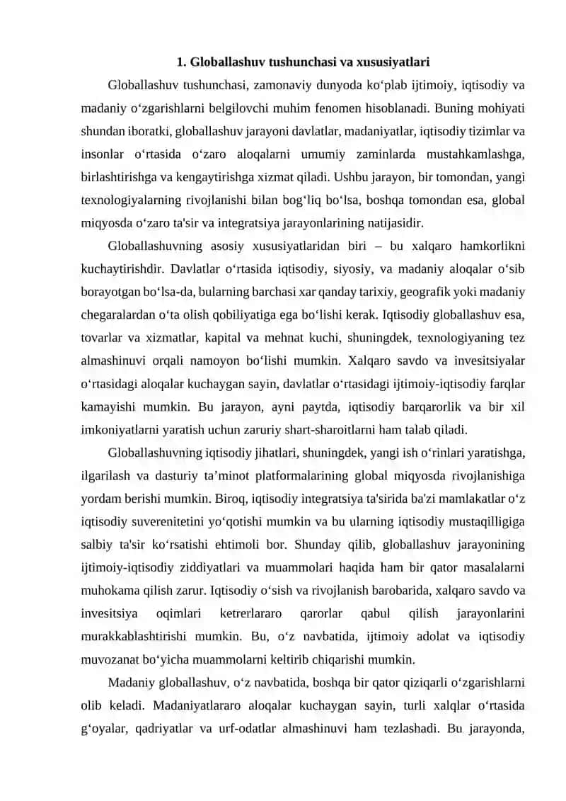 Globallashuvning asosiy xususiyatlari 2