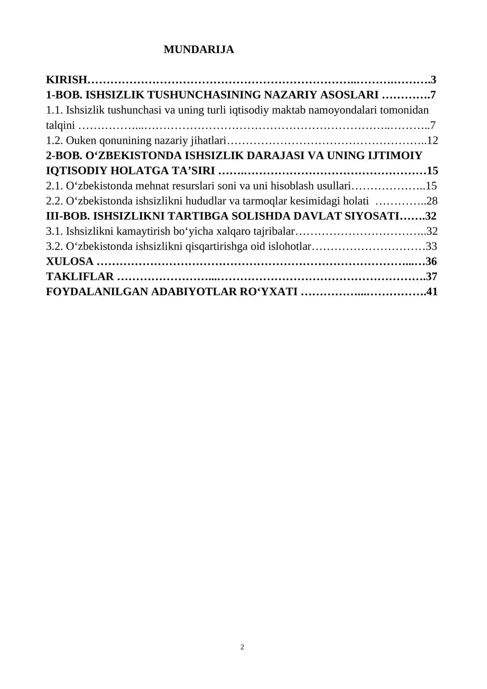 ISHSIZLIK BOYICHA KURS ISHI HAMDA REFERAT UCHUN 2