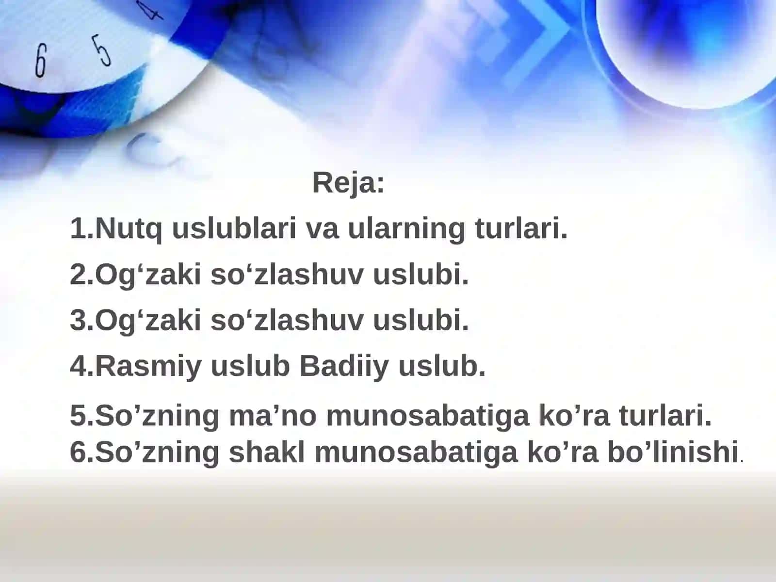 Leksik vositalarni nutqiy uslublarda qo’llash, ma’nodosh va shakildosh so’zlar uslubiyati. 2