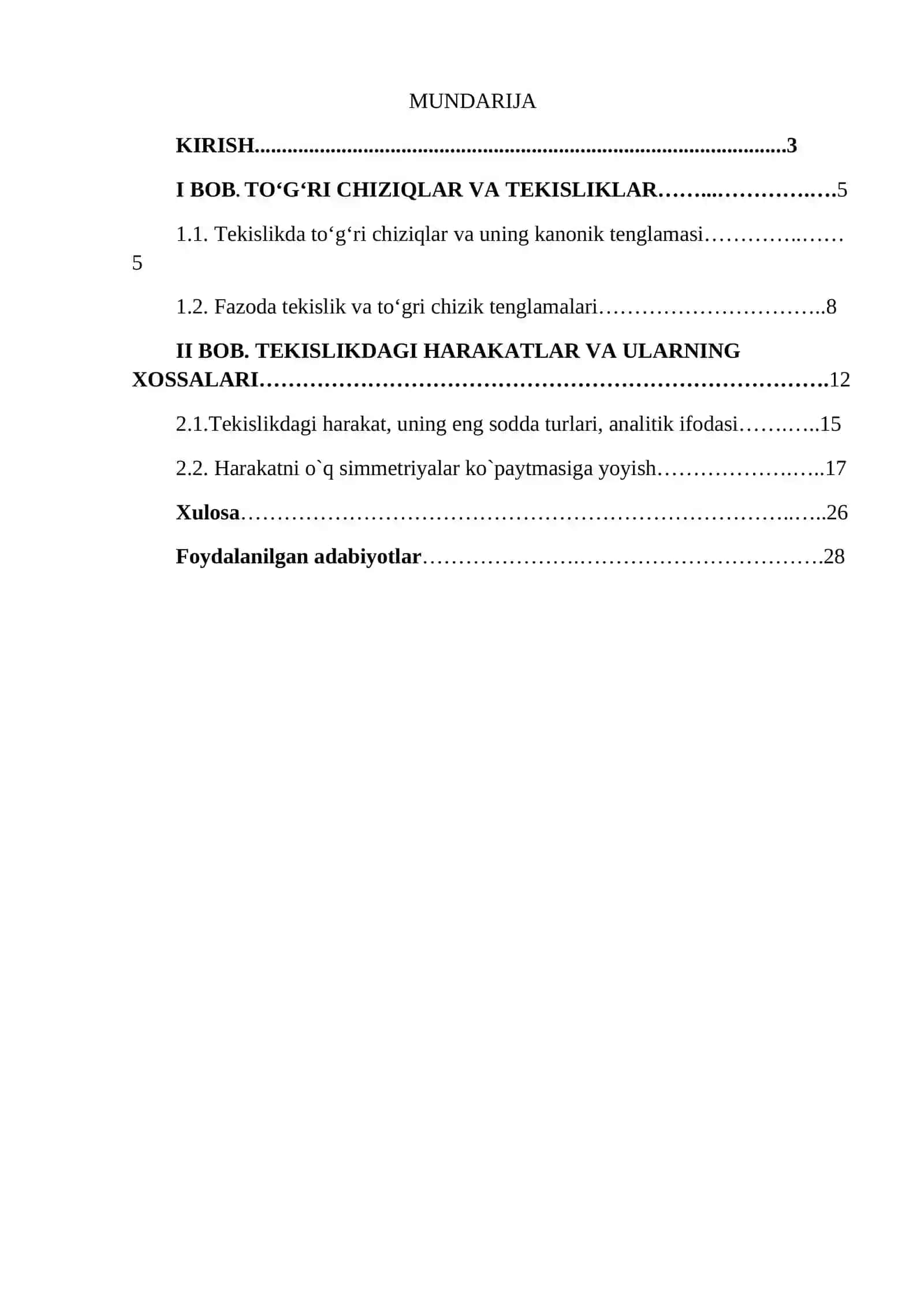 Tekslikdagi harakatlar va ularning xossalari 2