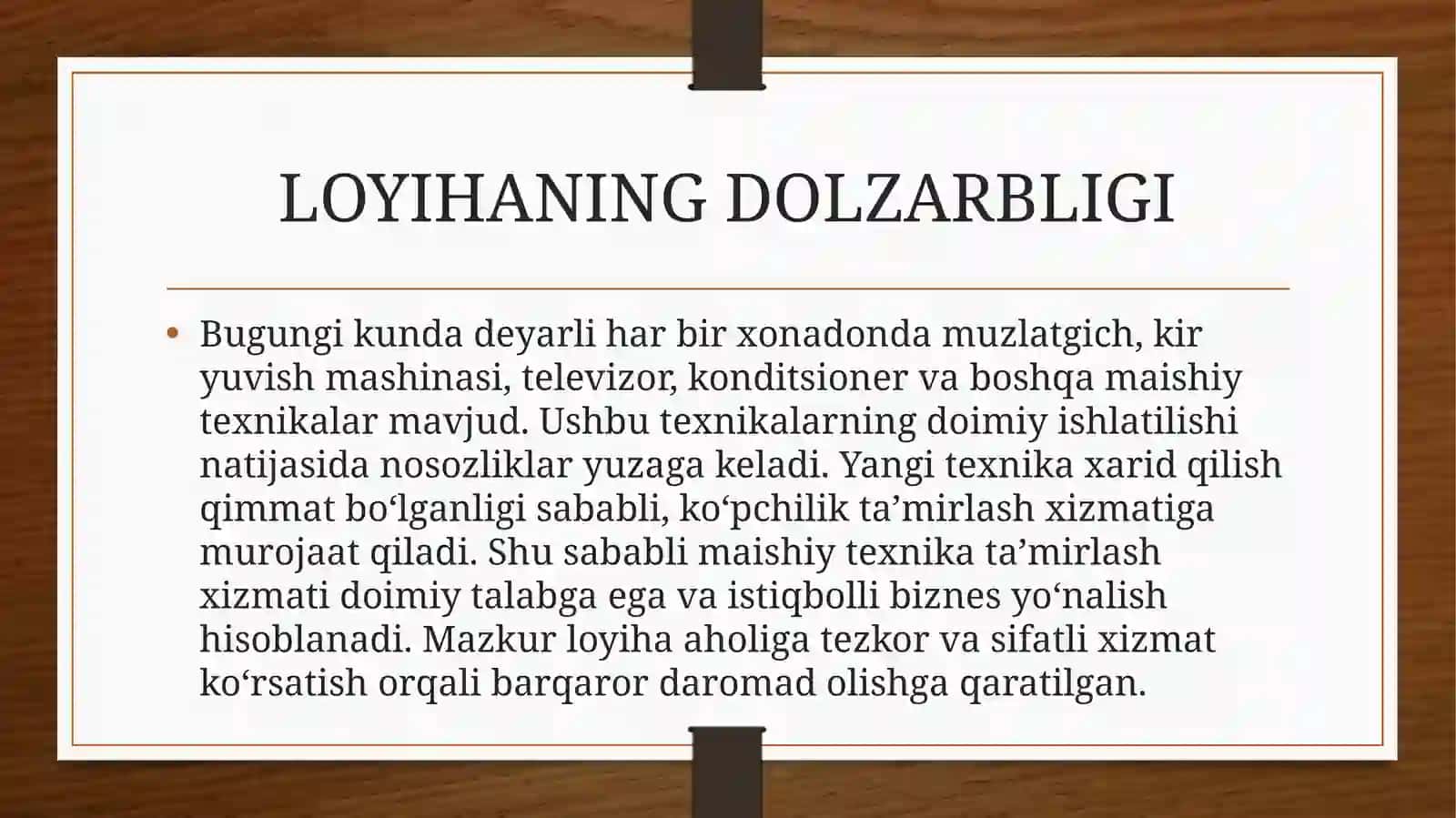 (100 millionlik loyiha ishi) Uy-ro‘zg‘orma ishiy texnikalari inta’mirlash xizmatini ta’shkil etish 2