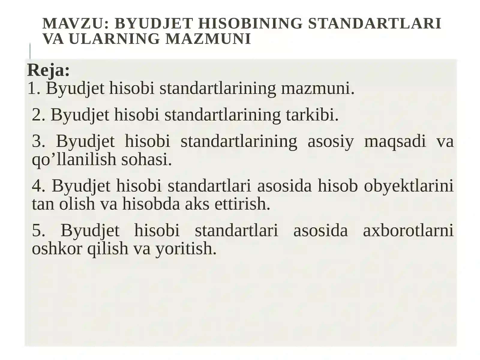 BYUDJET HISOBINING STANDARTLARI VA ULARNING MAZMUNI 2