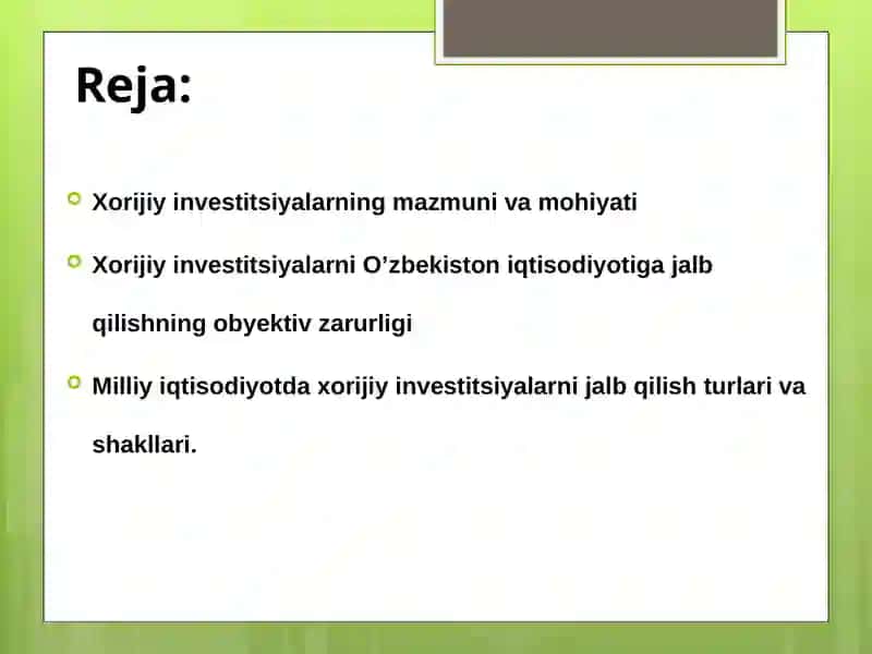 Xorijiy investitsiyalar 2