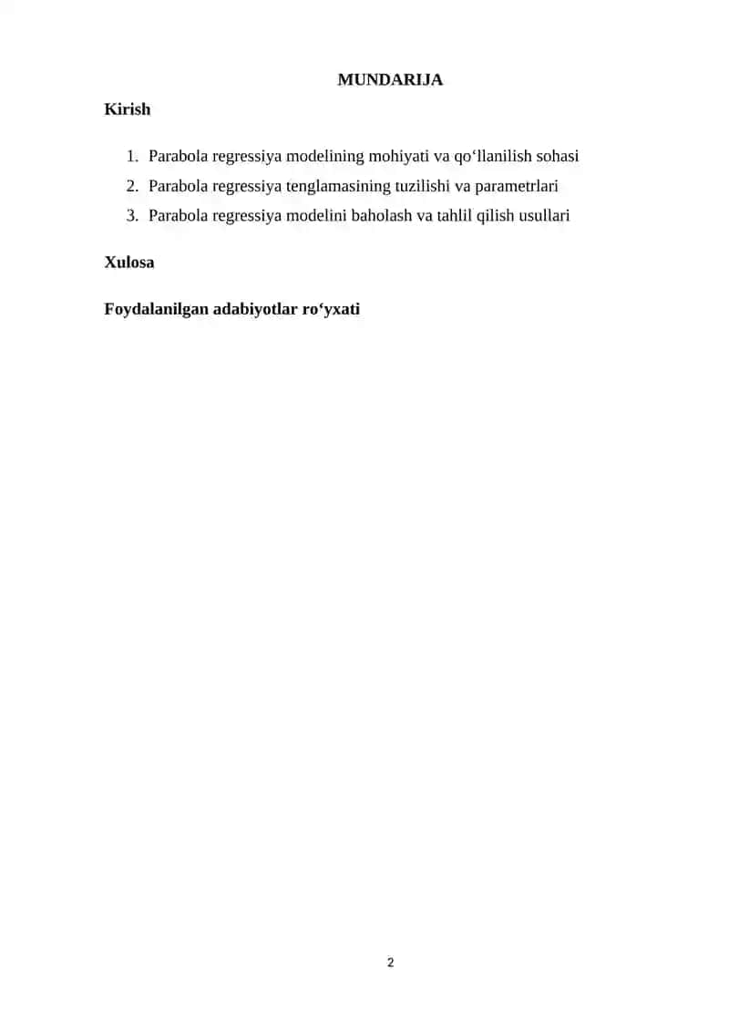 Parabola regressiya modeli. REFERAT | MUSTAQIL ISH 2