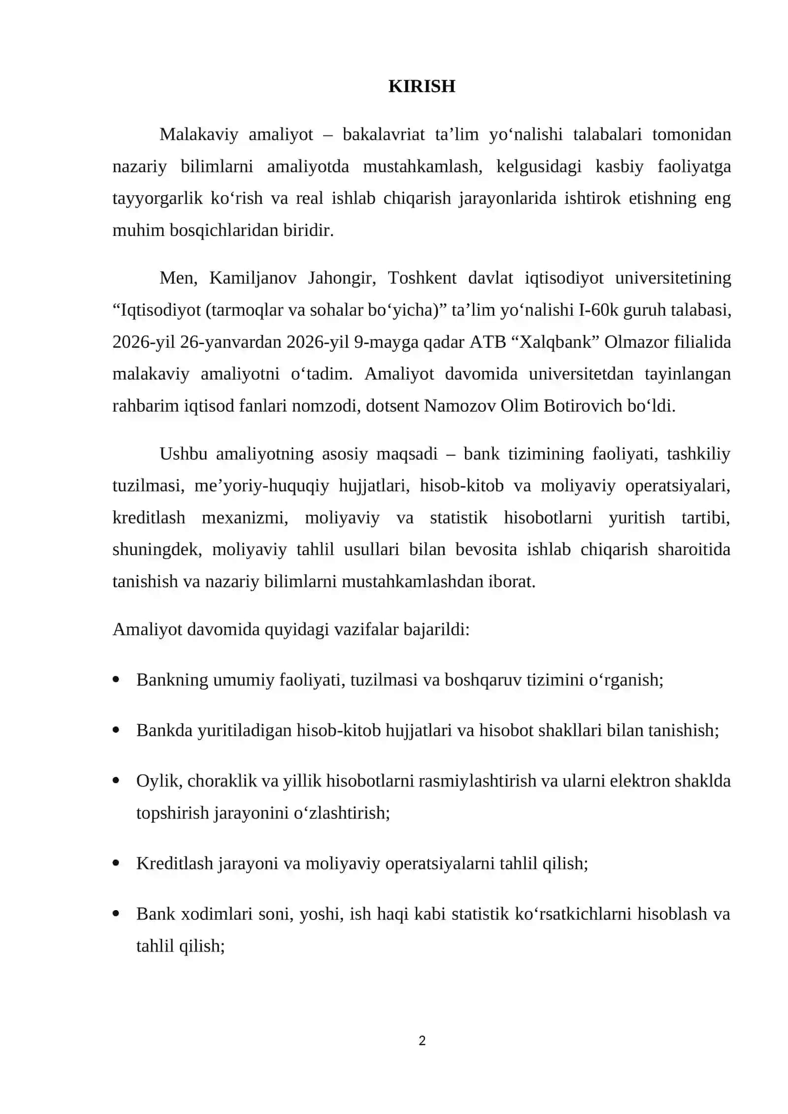 ATB “Xalqbank” Olmazor filiali. Amaliyot hisoboti. 2