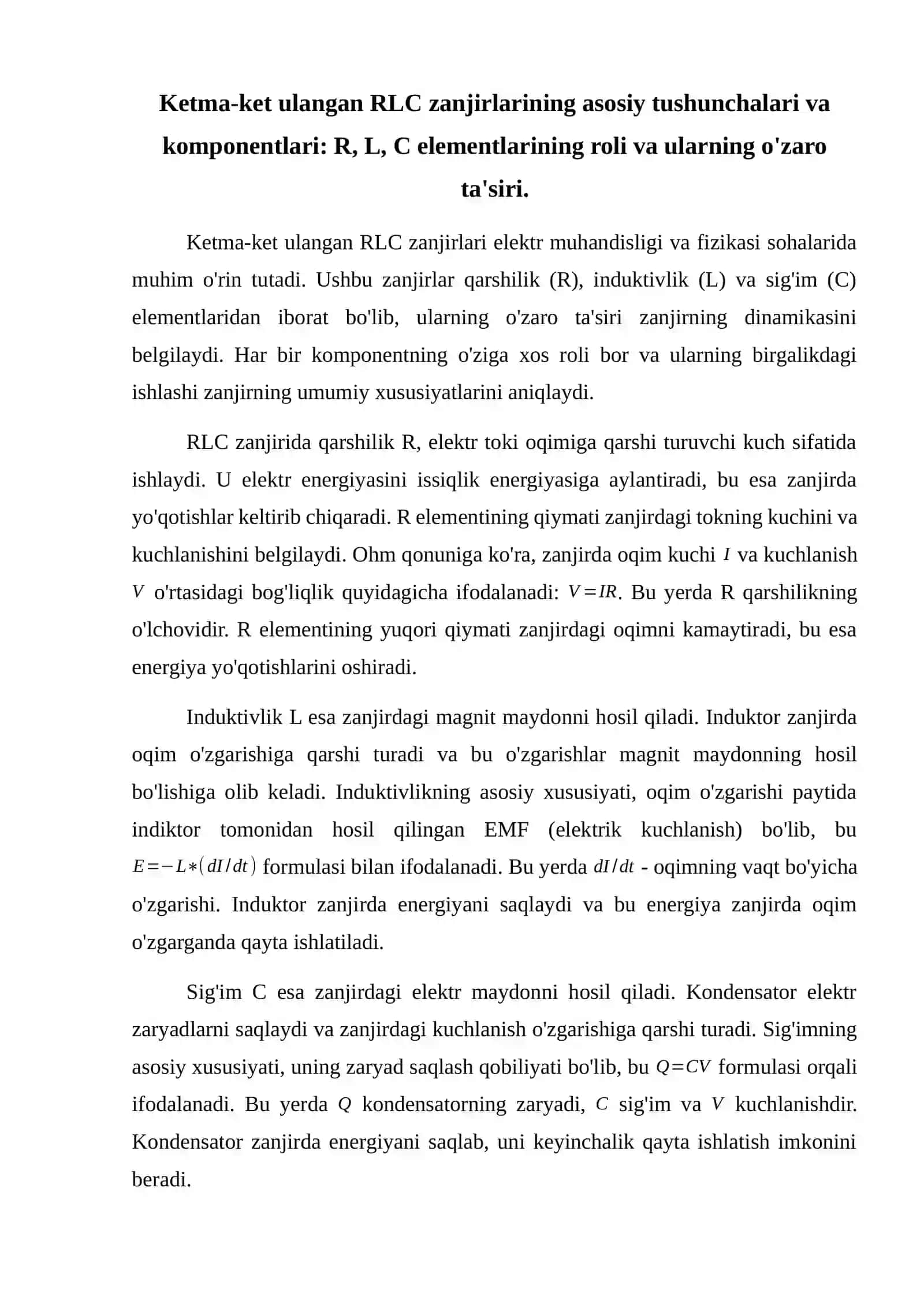 Ketma-ket ulangan RLC zanjirlari tahlili 2