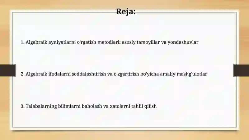 Algebraik ayniy almashtirishlarni oʻqitish metodikasi 2