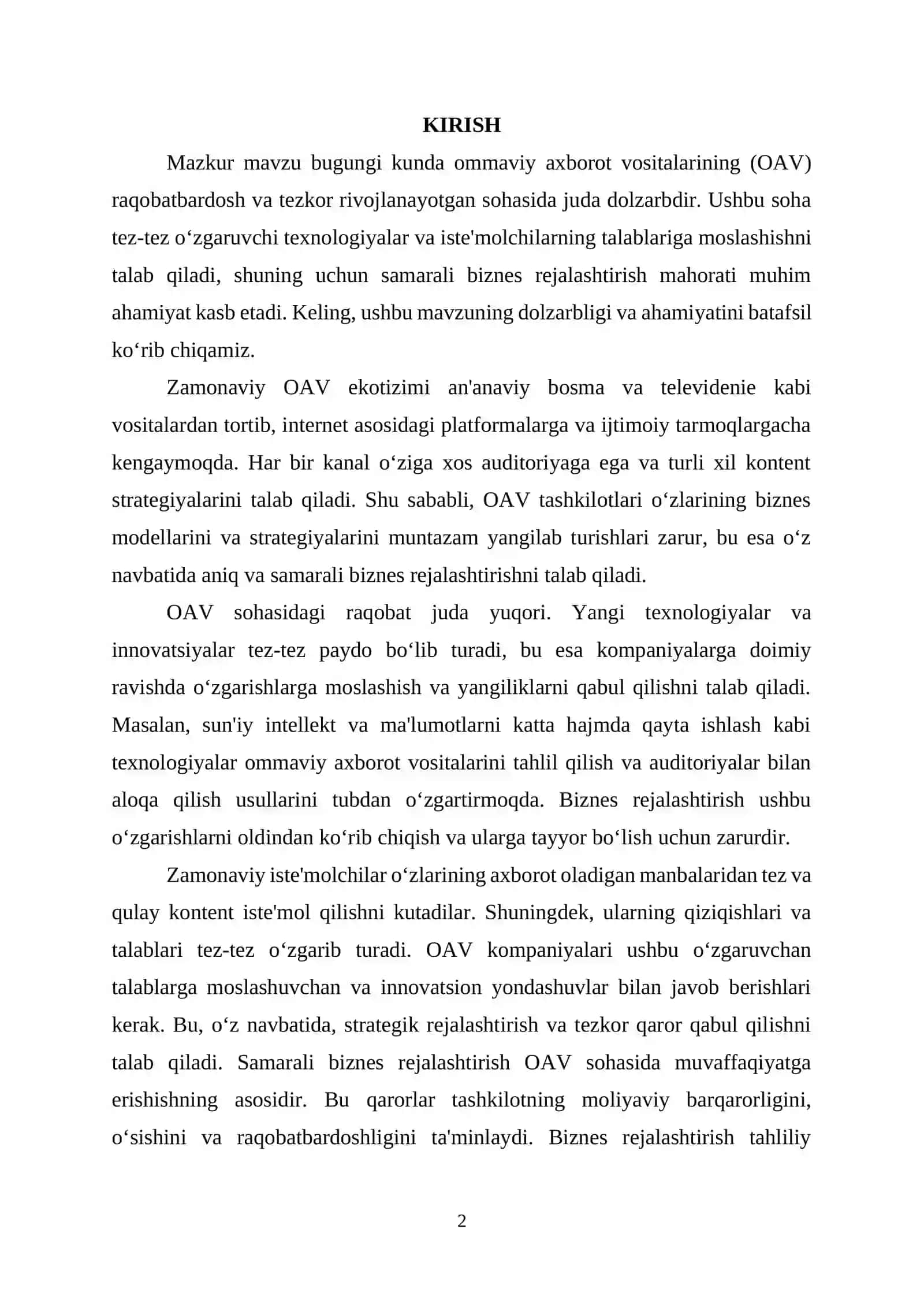 OAV DA BIZNES REJALASHTIRISH MAHORATI 2