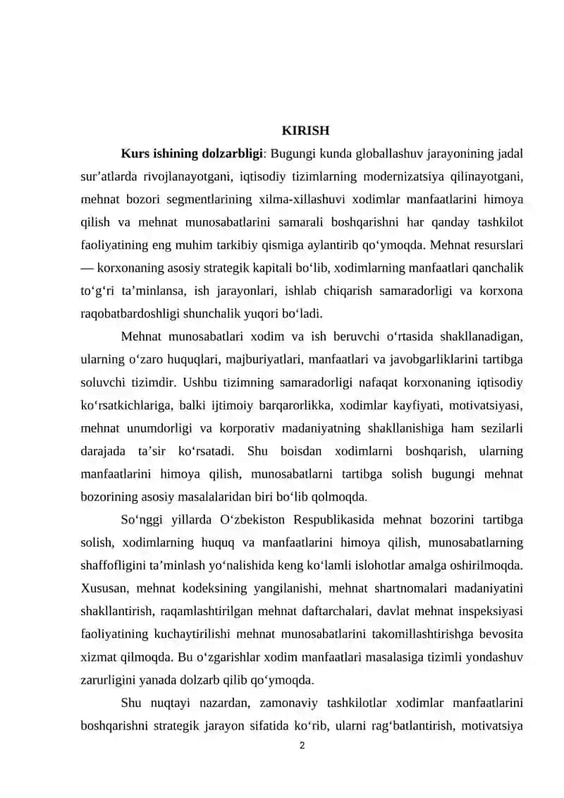 Xodimlar manfaatlari va mehnat munosabatlarini boshqarish 2