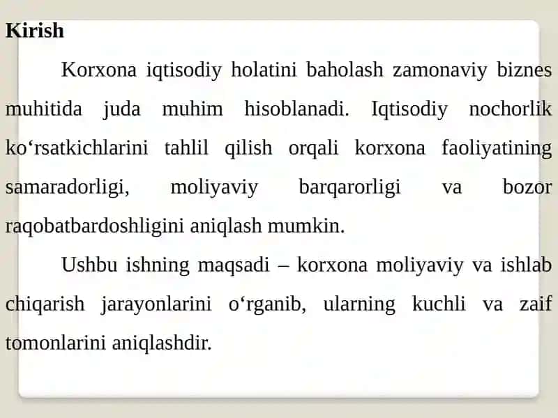 Korxona iqtisodiy nochorligini tahlil qilish 2
