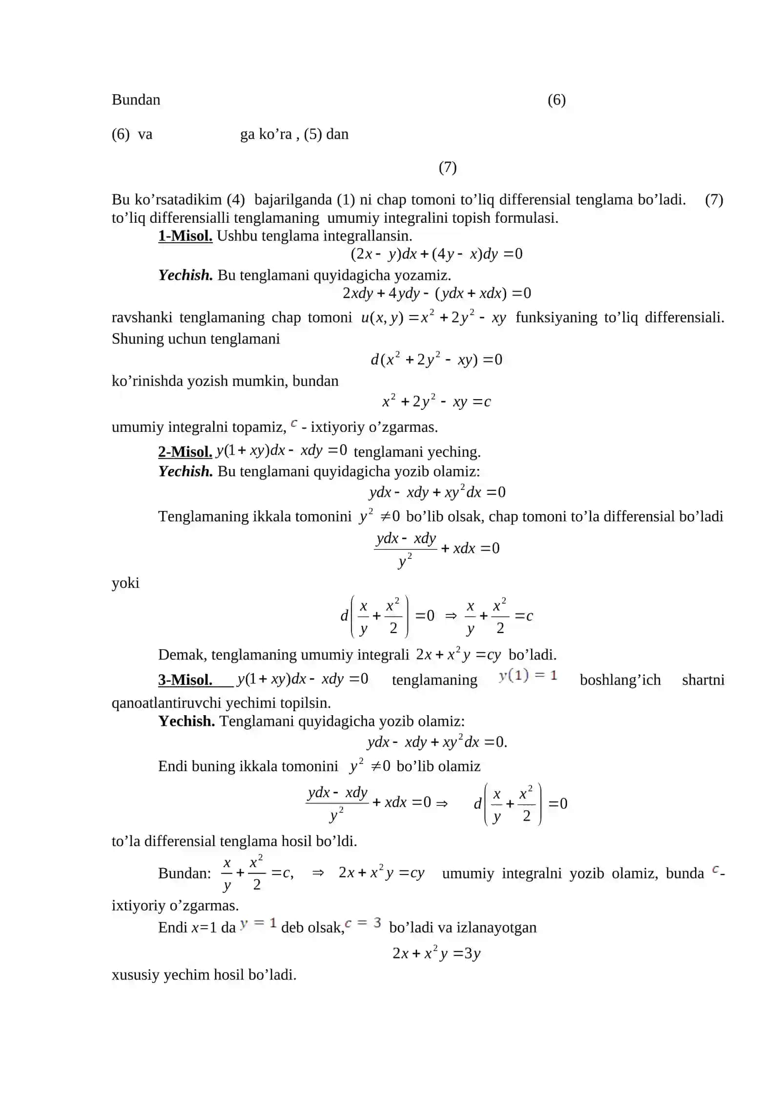 To’liq differensial tenglama. Integrallovchi ko’paytuvchi 2