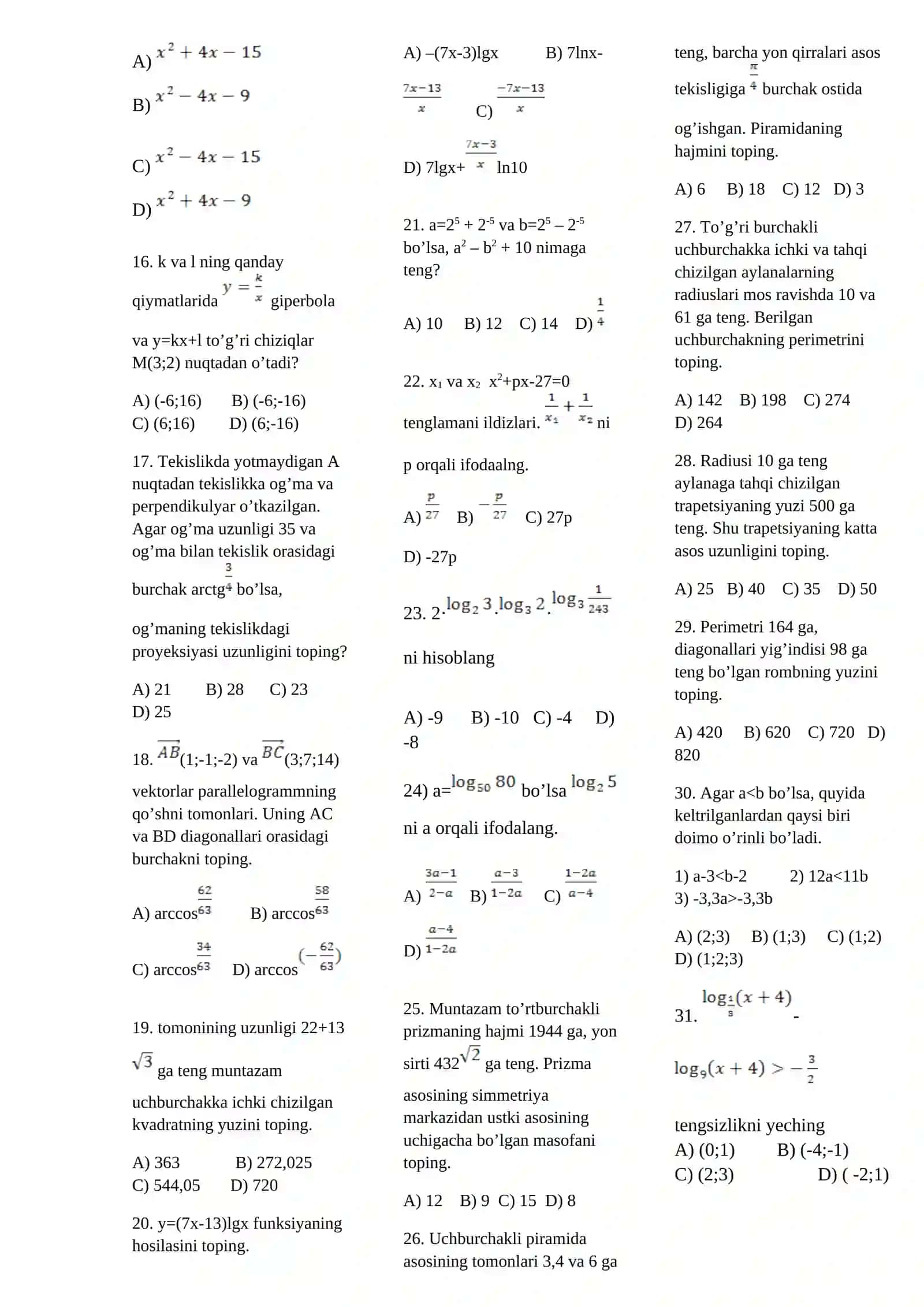Matematika fanidan test savollari 2
