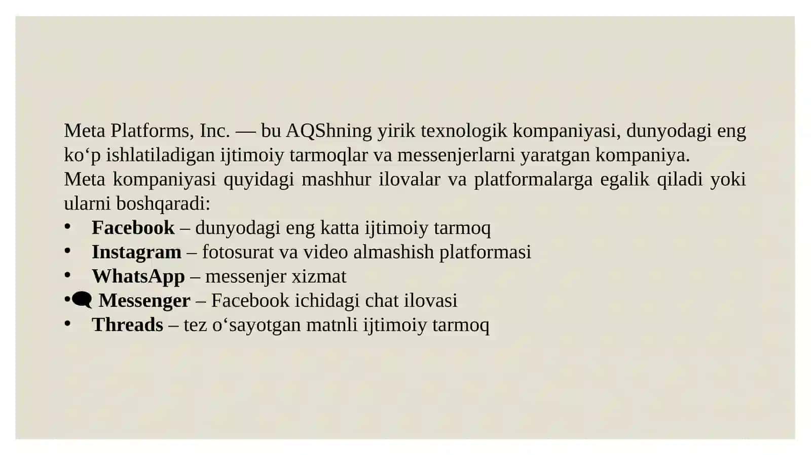 Meta platforms kompaniya haqida 2
