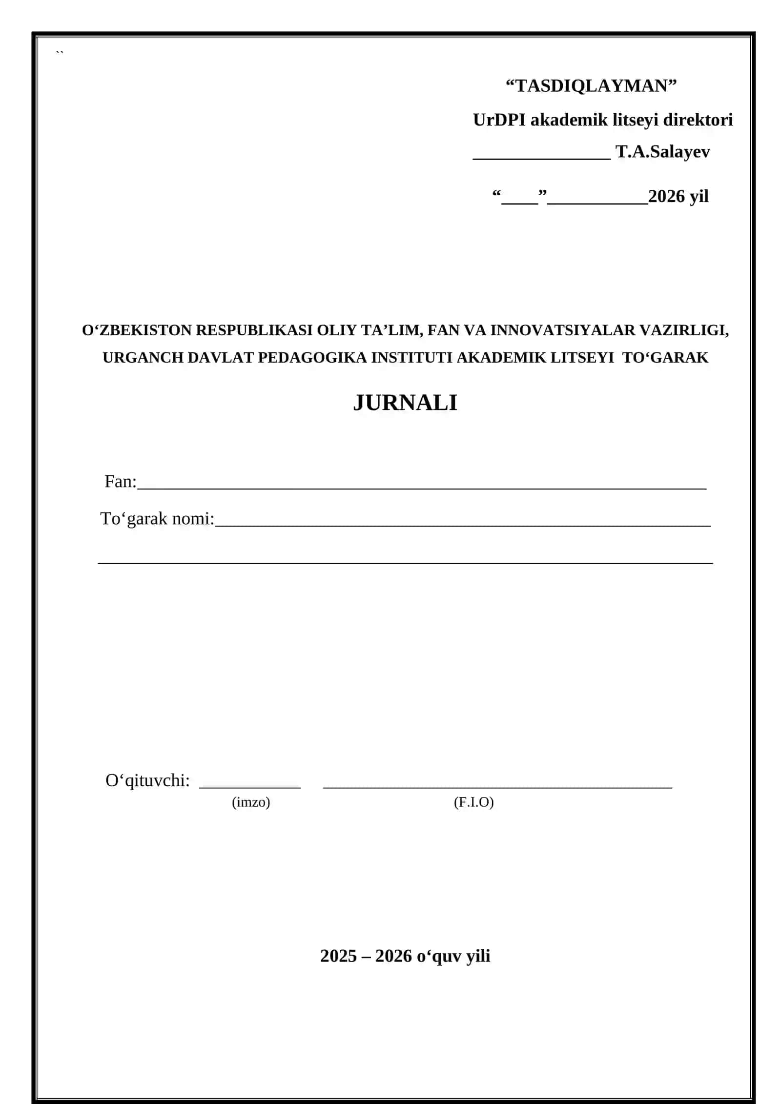 TO‘GARAK MASHG‘ULOTLAR JURNALI 2