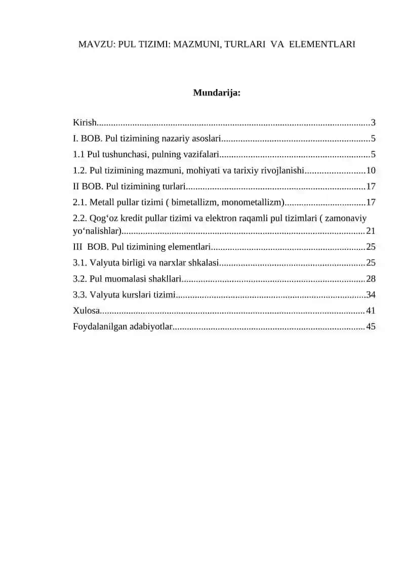 PUL TIZIMI: MAZMUNI, TURLARI VA ELEMENTLARI 2