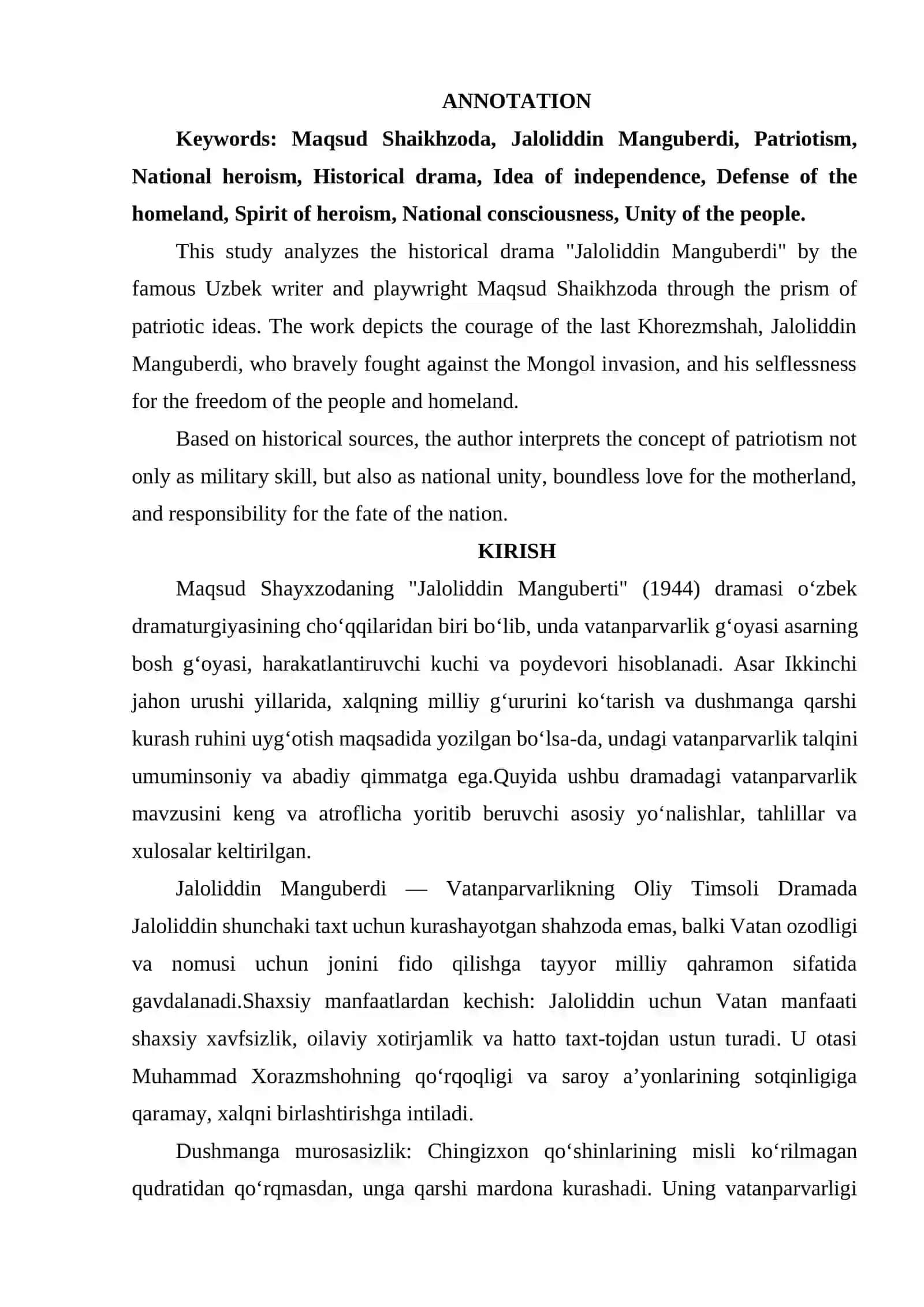 MAQSUD SHAYXZODANING JALOLIDDIN MANGUBERDI DRAMASIDA VATANPARVARLIK. 2