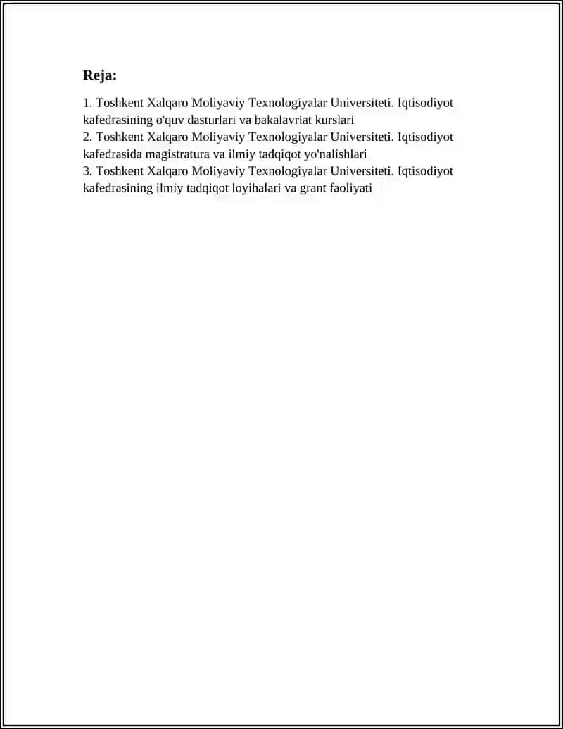 Toshkent Xalqaro Moliyaviy Texnologiyalar Universiteti. IQTISODIYOT KAFEDRASI 2