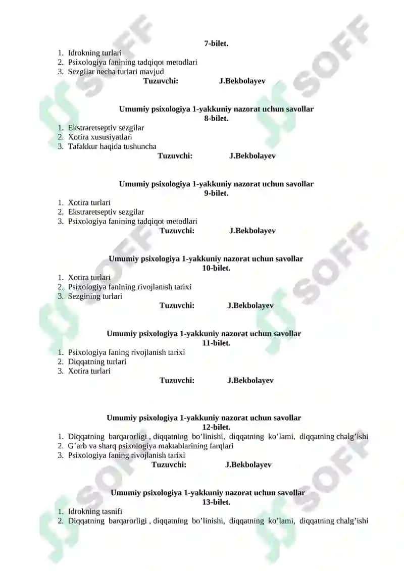 Umumiy psixologiya 1-yakkuniy nazorat uchun savollar 2