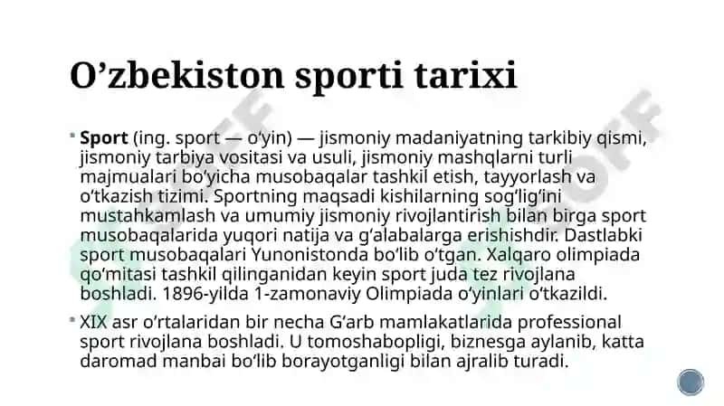 Oʻzbekistonda sport mavzusi boʻyicha prizintatsiya 2