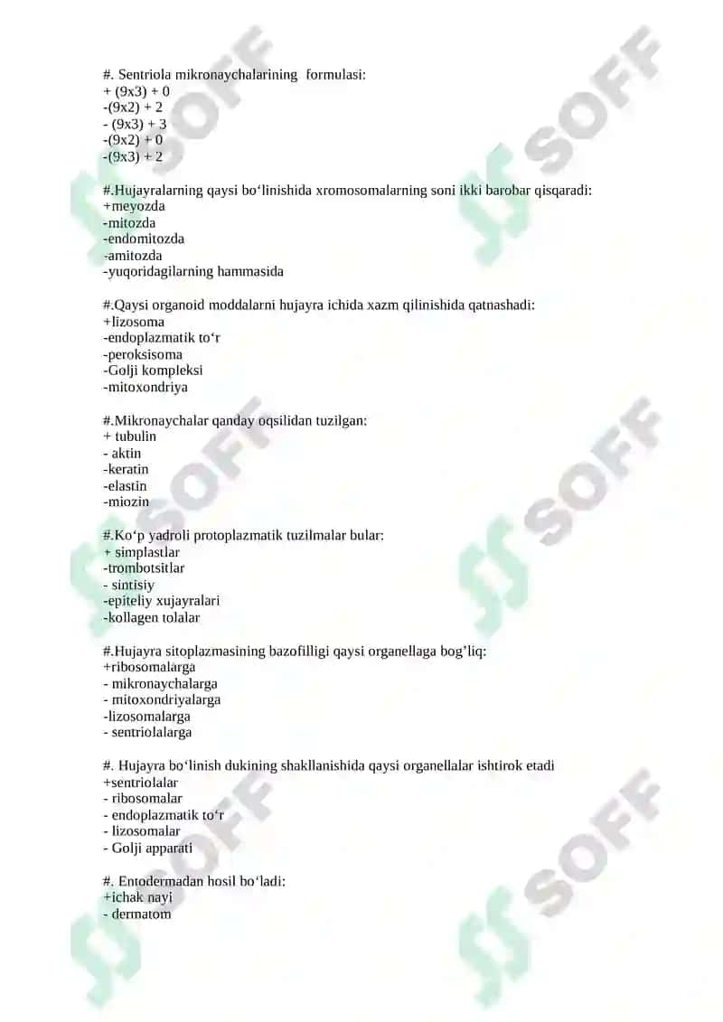 GISTOLOGIYA, SITOLOGIYA, EMBRIOLOGIYA FANIDAN SINOV TEST SAVOLLARI TO’PLAMI 2
