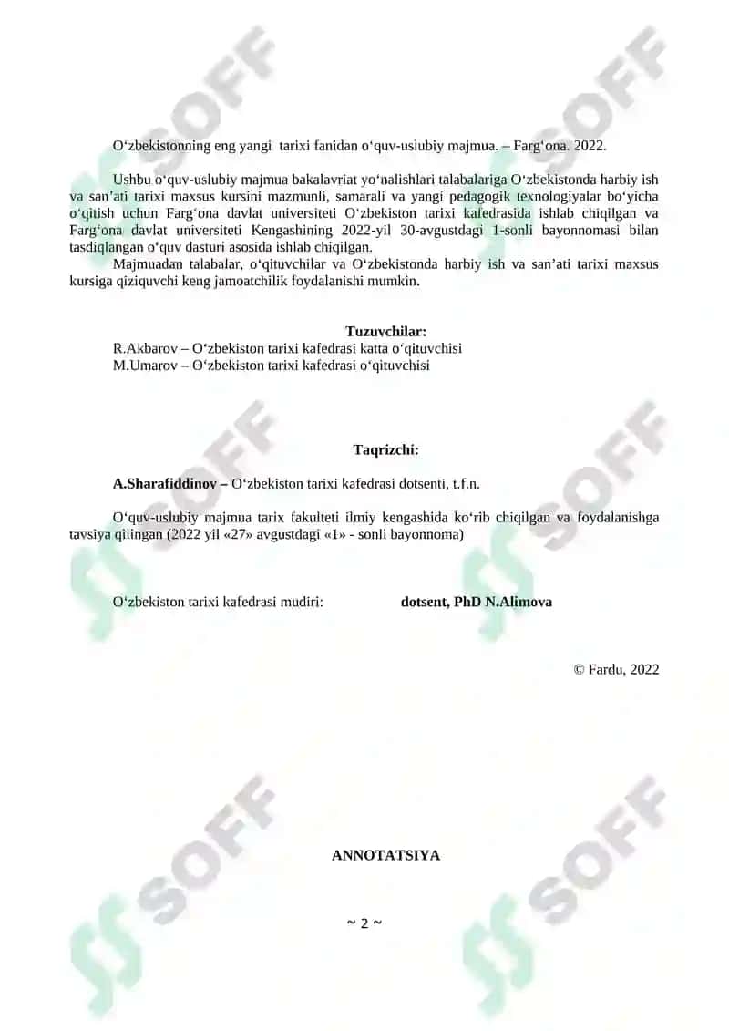 O`zbekistonda Harbiy Ish va San'ati Tarixi Maxsus Kursi 2