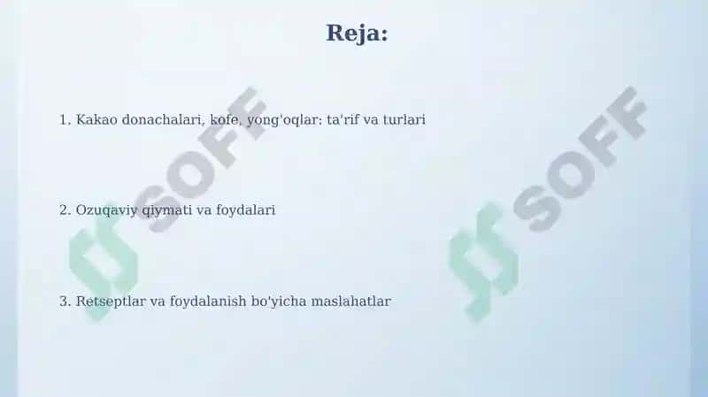 Kakao dukkaklari.Kofe.Yongʻoqlar 2