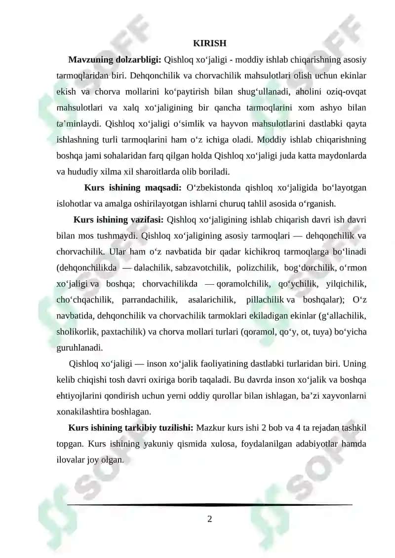 O‘zbekiston qishloq xo‘jaligi kurs ishi 2
