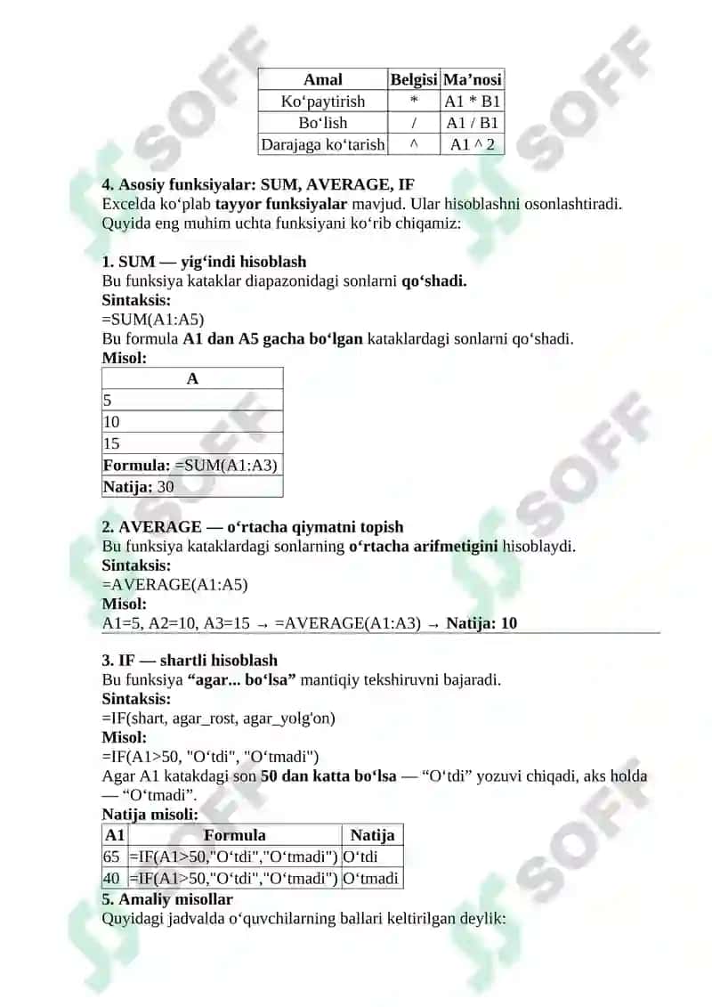 MS Excel dasturi va uning imkoniyatlari 2