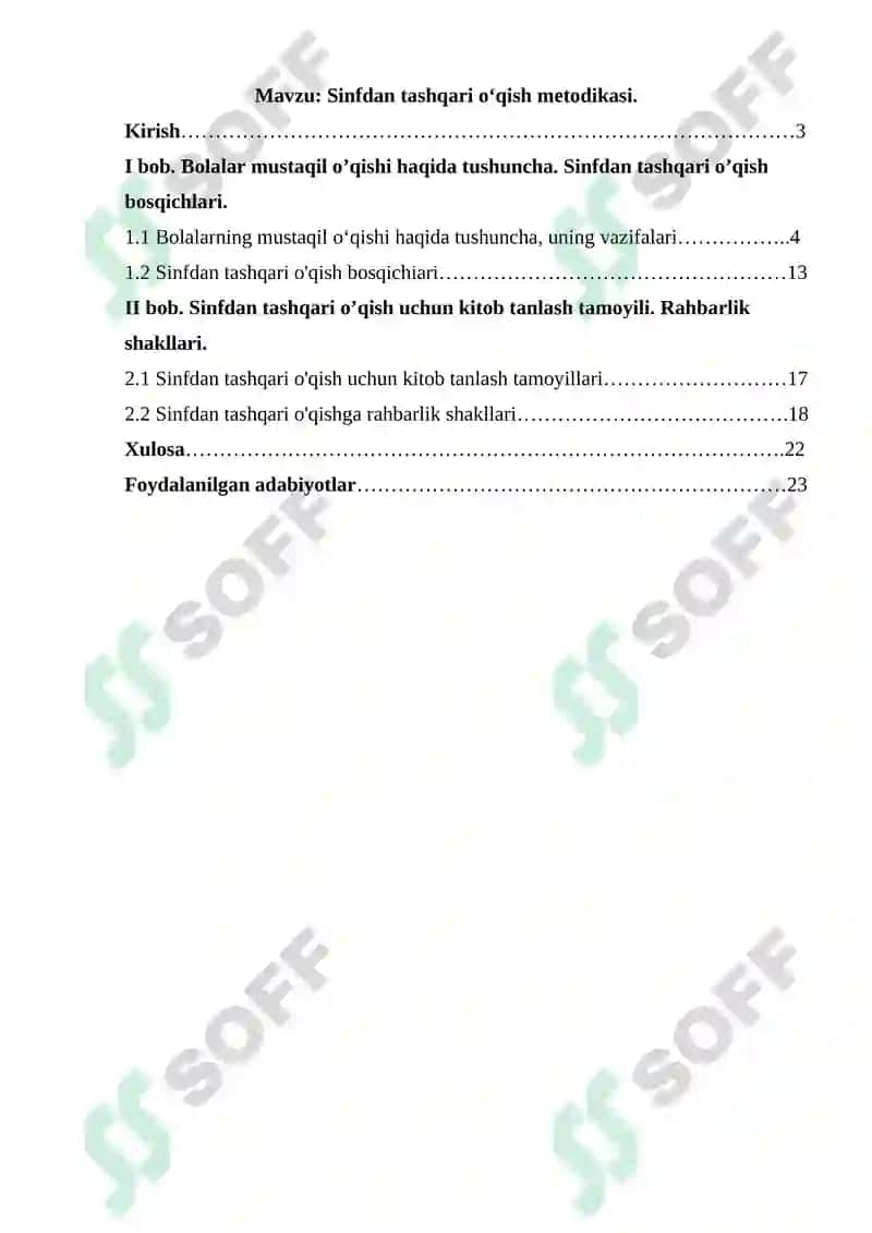 Sinfdan tashqari o‘qish mеtodikasi KURS ISHI 2