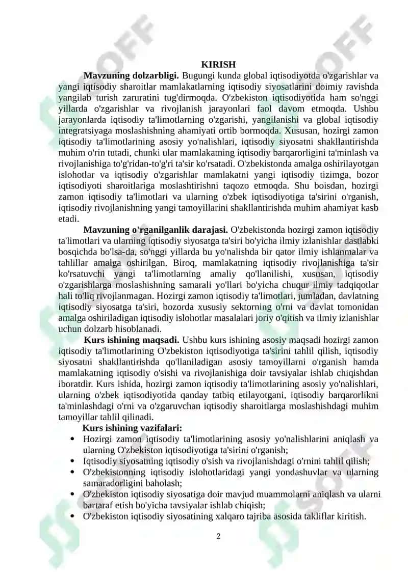 HOZIRGI ZAMON IQTISODIY TA’LIMOTLARINING ASOSIY YO’NALISHLARI 2