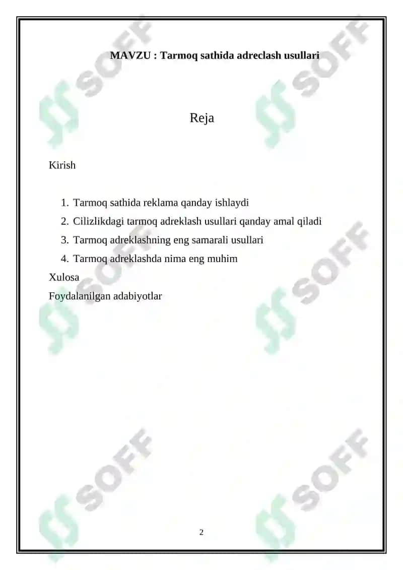 Tarmoq sathida adreclash usullari 2