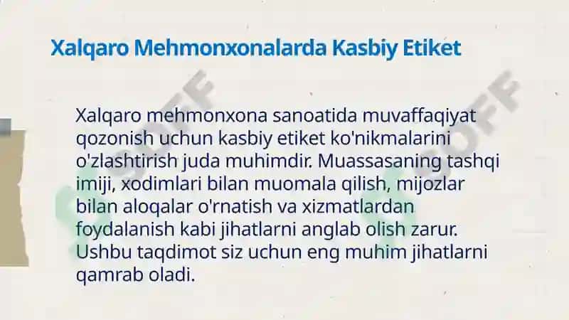 Xalqaro Mehmonxonalarda Kasbiy Etiket 2