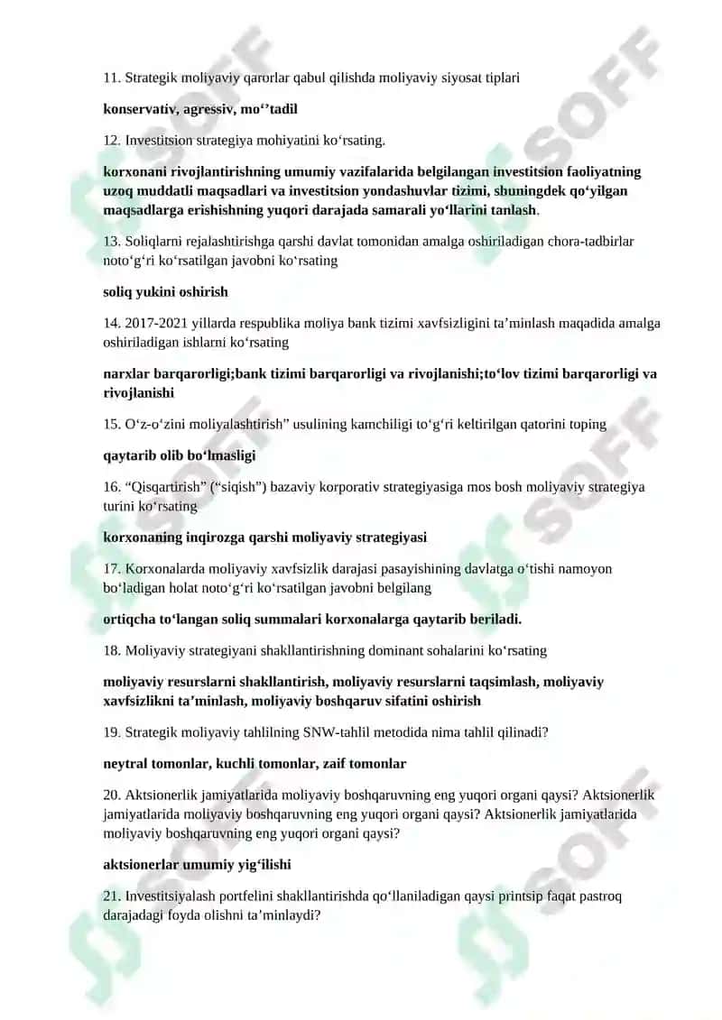 Korporativ moliya fani testlari 2